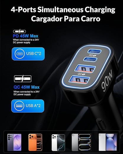 90W Fast Car Charger USB C, 2 Pack 4-Port Cigarette Lighter USB Charger Super Fast Charging, Multiport Car Phone Charger Accessories for iPhone 17/16/15/14/13/12 Pro Max, iPad, Galaxy, Tablet, Android