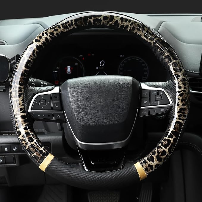 KAFEEK Khaki Leopard Steering Wheel Cover, 15 inch Carbon Fiber Texture, Classic Tan Cheetah Pattern, Non-Slip Microfiber Leather, Universal Fit for SUV Sedan