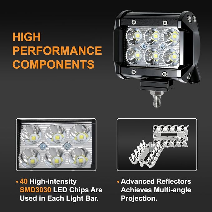 LED Light Bar 2PCS 36W 4 Inch Flood Spot Combo LED Work Light Pods Triple Row Work Driving Lamp with 12 ft Wiring Harness kit - 2 Leads