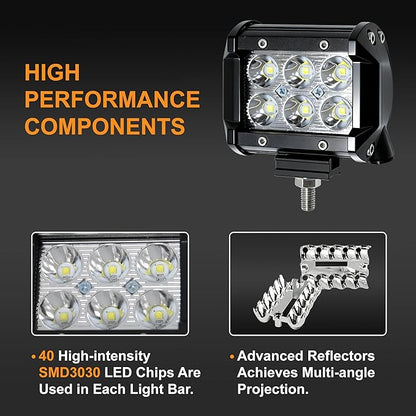 LED Light Bar 2PCS 36W 4 Inch Flood Spot Combo LED Work Light Pods Triple Row Work Driving Lamp with 12 ft Wiring Harness kit - 2 Leads