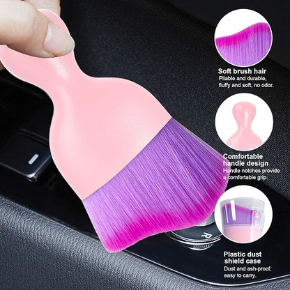 Ziciner Car Detailing Brush, Curved Soft Bristles Auto Removal Dust Collectors, Universal Vehicle Dashboard, Air Conditioner Vents etc Interior Cleaning Tool Accessory (Pink/Purple)