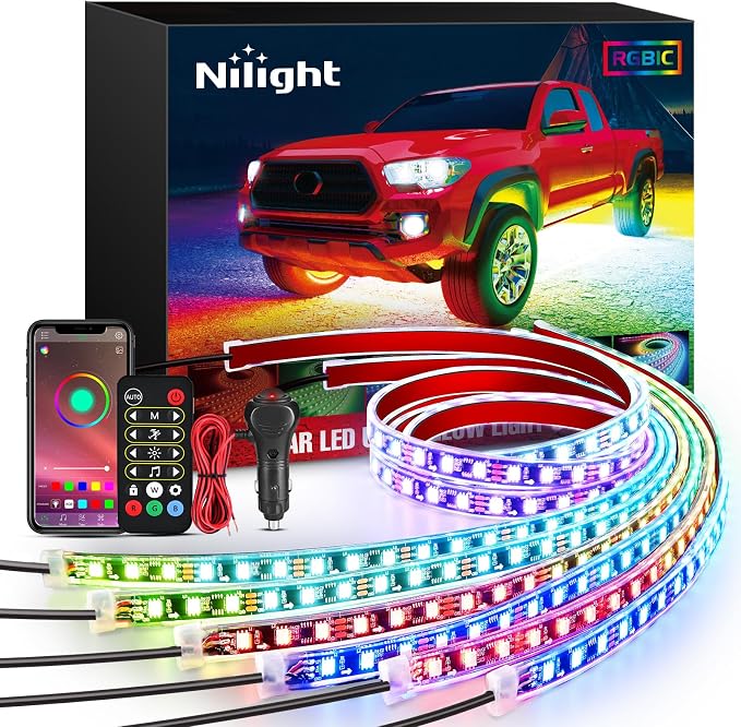 Nilight 6Pcs Car Underglow Neon Accent Strip Lights 300 LEDs Multi Color RGB-IC DIY Sound Active Function Music Mode with APP Control and Remote Control Underbody Light Strip