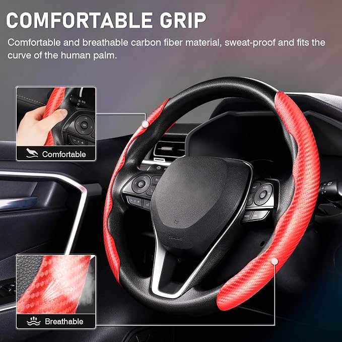 Cartist Steering Wheel Cover, Carbon Fiber Steering Wheel Cover, Car Steering Wheel Cover for Men/Women, Anti-Slip, Comfortable Grip, Durable, Universal for 99% Car Interior Accessories (Red)