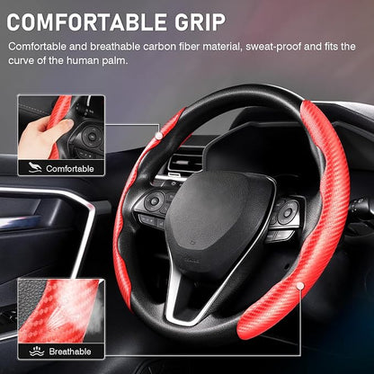 Cartist Steering Wheel Cover, Carbon Fiber Steering Wheel Cover, Car Steering Wheel Cover for Men/Women, Anti-Slip, Comfortable Grip, Durable, Universal for 99% Car Interior Accessories (Red)