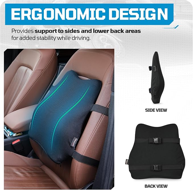 FORTEM Lumbar Support Car Cushion, Memory Foam Back Pillow, Back Rest for Comfort Driving, Adjustable Straps, Washable Cover