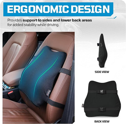 FORTEM Lumbar Support Car Cushion, Memory Foam Back Pillow, Back Rest for Comfort Driving, Adjustable Straps, Washable Cover