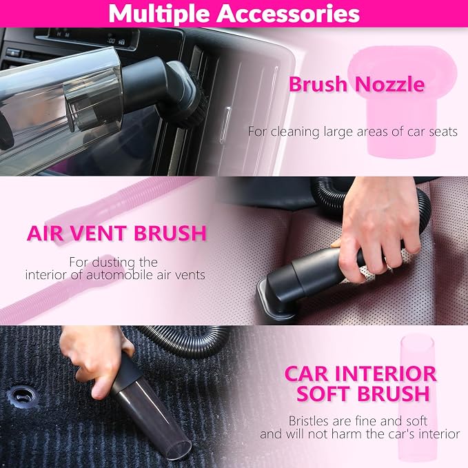 ThinkLearn Car Cleaning Kit, Car Corded Vacuum Detailing Kit Interior with High Power Handheld Vacuum, Including 7Pcs Detailing Brush Set, Windshield Cleaner, Pink Car Accessories for Women