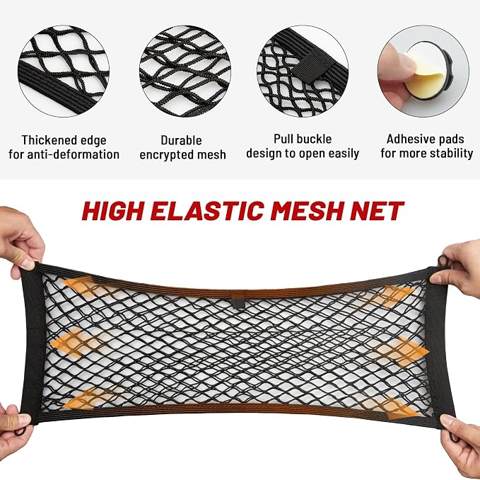 RED WOLF 2 Pcs Universal Cargo Net Pocket Elastic Mesh Netting Car Mesh Pouch for Trunk RV Boats Home Cargo Storage Mesh with Screws and Hooks (25.6'' x 9.8'')