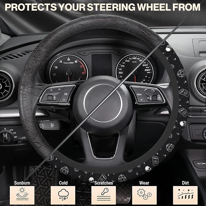 Gothic Skull Cat Steering Wheel Cover for Women, Cute Breathable Anti Slip Stretch Neoprene Car Protector Accessories Universal 15 Inch-Black (Tarot, Spell Book)
