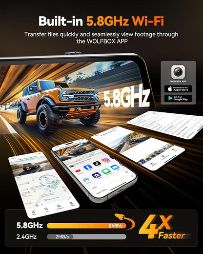 WOLFBOX G900 Tripro Cabin Version 3 Channel 4K Rear View Mirror Camera,8MP STARVIS IMX678 Night Vision,4K+1080P+2.5K Front Inside and Rear Mirror Dash Cam,5.8GHz WiFi,Voice Control,Includes 256GB Card