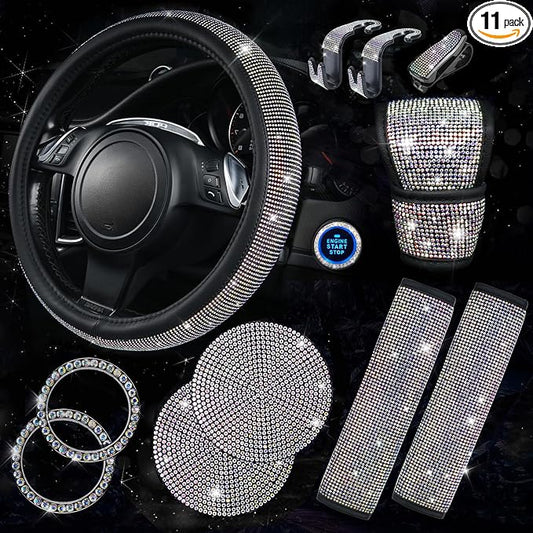 CAR PASS 11 PCS Bling Diamond Car Accessories for Women, Sparkly Rhinestone Steering Wheel Cover Bling Seat Belt Cushion, Glitter Shift Knob Cover Car Cup Holder Coaster, Cute Interior Sets Multicolor