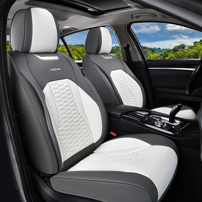 Coverado Car Seat Covers Front Seats, Luxury Leather Seat Covers for Cars, Automotive Car Seat Covers Protector Universal Fit Most Sedans, SUVs, Pick-up Trucks Interior Accessories(Gary&White)