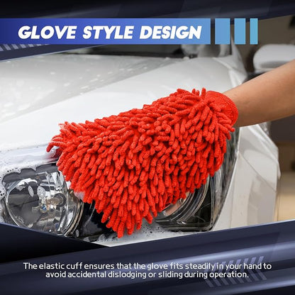 wuyaoyao 2PCS Car Wash Mitt, 10.14"×7.12" Chenille Microfiber Car Wash Mitts, Scratch-Free & Lint-Free, Absorbent Double Sided Clean Glove for Cars Cleaning, Auto Cleaning Supplies (Red)
