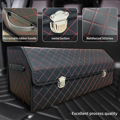 Car Trunk Organizer with Lid,Foldable Faux Leather Cargo Storage Box,3 Compartments,Collapsible Multi-Functional for SUV,Sedan,Vehicle Trunk