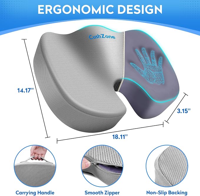 CushZone Seat Cushion, Office Chair Cushions, Car Seat Cushion, Non-Slip Sciatica & Back Coccyx Tailbone Pain Relief Chair Pad, Memory Foam(Light Grey)