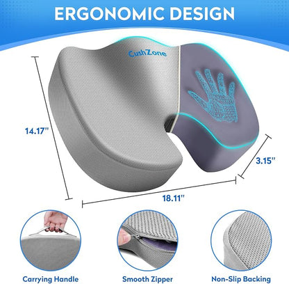 CushZone Seat Cushion, Office Chair Cushions, Car Seat Cushion, Non-Slip Sciatica & Back Coccyx Tailbone Pain Relief Chair Pad, Memory Foam(Light Grey)
