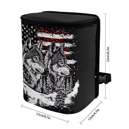 Talayituse Wolf American Flag Print Car Trash Bin, Large Size Auto Trash Can Adjustable Portable Garbage Can with Lid, Vehicle Hanging Bag for Headrest Front Back Seat