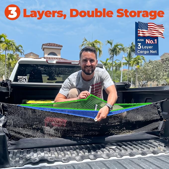 3-Layer Cargo Net for Chevrolet Tahoe/GMC Yukon/Cadillac Escalade 2015-2020, Zoned Storage Trunk Net with Zippered Bottom Bag, Heavy-Duty Cargo Organizer Netting for Camping, Trips & Everyday Use
