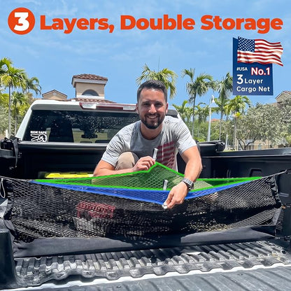 3-Layer Cargo Net for Chevrolet Tahoe/GMC Yukon/Cadillac Escalade 2015-2020, Zoned Storage Trunk Net with Zippered Bottom Bag, Heavy-Duty Cargo Organizer Netting for Camping, Trips & Everyday Use