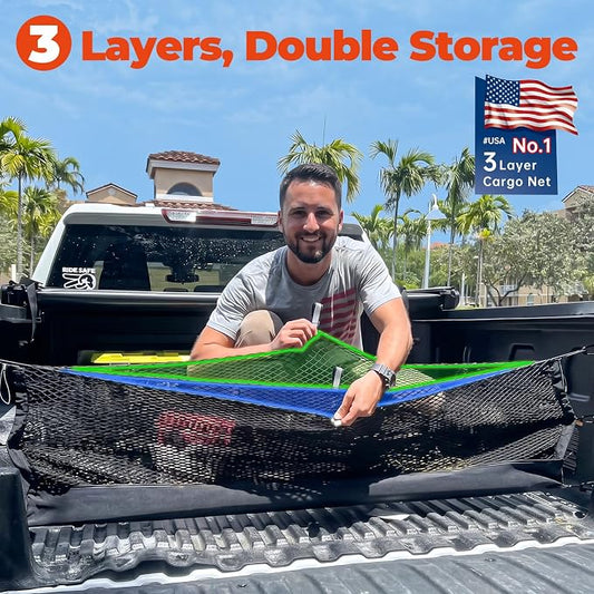 3-Layer Cargo Net for Honda Ridgeline 2017-2026, Zoned Storage Truck Bed Net with Foldable Zippered Bottom Bag, Heavy-Duty Cargo Organizer Netting for Camping, Trips & Everyday Use