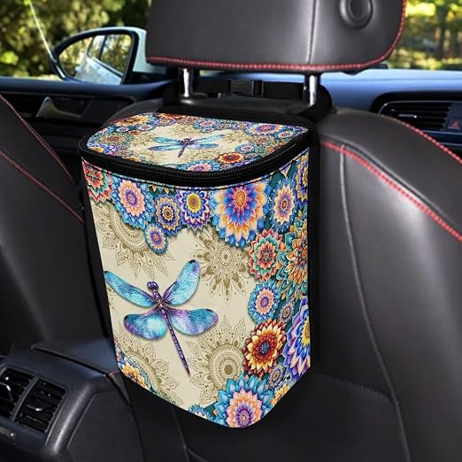 Vibrant Boho Mandala Dragonfly Print Car Trash Can with Lid and Zipper Portable Foldable Garbage Can Hanging for Headrest Leakproof Organizer and Storage Bag Car Accessories