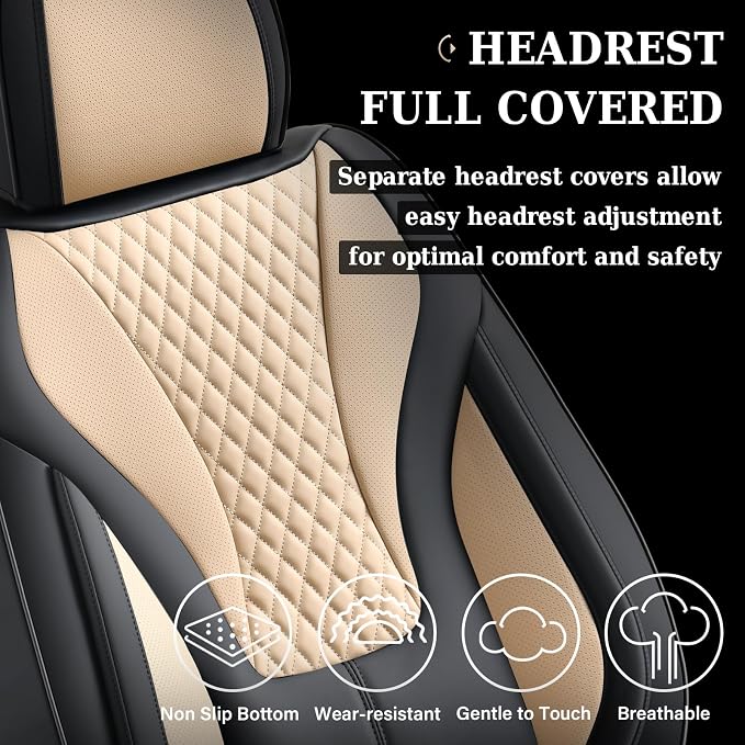 Coverado Waterproof Nappa Leather Car Seat Covers, Automotive Fullset Seat Covers, 5 Seat Car Seat Cushion & Seat Protector, Black&Beige Front and Rear Covers Universal Fit for Most Cars, SUVs, Trucks