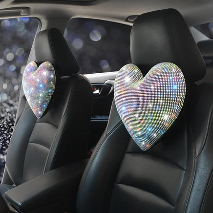Bling Bling Rhinestones Car Seat Pillow for Driver Automotive Accessories for Women Ladies and Girls Auto Seat Headrest Cushion with Bling Rhinestone Colorful 2 Pieces