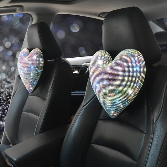 Bling Bling Rhinestones Car Seat Pillow for Driver Automotive Accessories for Women Ladies and Girls Auto Seat Headrest Cushion with Bling Rhinestone Colorful 2 Pieces