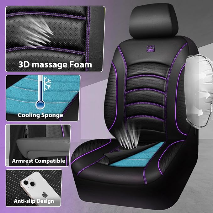CAR PASS 3D Foam PU Leather Car Seat Covers, Universal Seat Covers Front 2 for Trucks SUV Sedan Automotive Seat Covers Armrest Airbag Compatible Waterproof Comfortable Faux Nappa Leather Black Purple