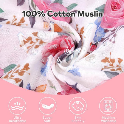 Rquite Infant Car Seat Cover for Babies Girls, 100% Muslin Cotton Carseat Canopy, Breathable Stroller Sun Shade, Baby Shower Gift & Newborn Essentials, Universal Fit Summer & Hot Weather (Floral)