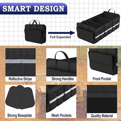 Trunk Organizer for SUV, Large trunk organizer for car, Collapsible Multi-Compartment Car Trunk Organizer, Sturdy Cargo Trunk Storage Organizer, Non Slip Bottom