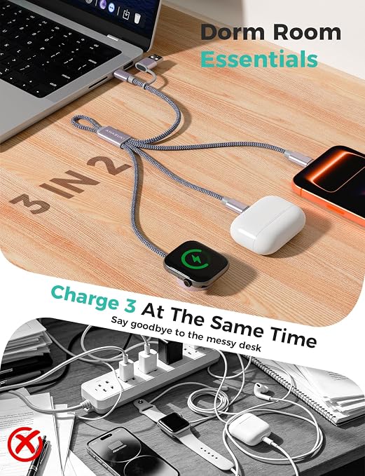 Travel Essentials,3 in 2 USB C Cable for Apple Watch Charger,iPhone Charger,Multi Charging Cable,Cruise Vacation Camping Essentials,Portable for iWatch Series 11-2/Ultra/SE & iPhone 17-12,Car,0.7FT