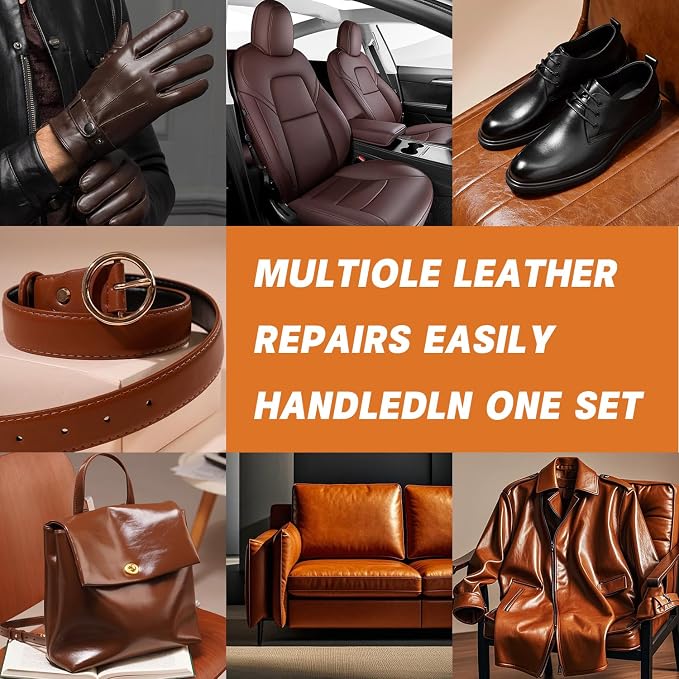 Leather Repair Kit for Furniture, Sofa, Jacket, Car Seats & Purse, 5Pcs Vinyl Repair Kit with Easy Instructions, Fix Tears, Scratches, Holes & Peeling on Genuine, Faux, Bonded Leather (Brown)