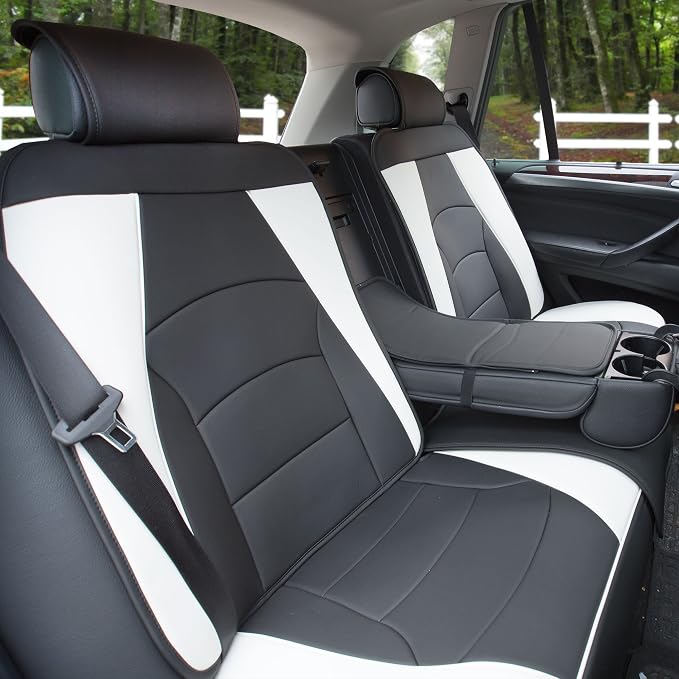 FH Group Car Seat Cover for Back Seat White Black Faux Leather - Universal Fit, Rear Seat Covers for Cars with Rear Split Bench, Car Seat Cushions, Car Interior Accessories for SUV, Sedan, Van