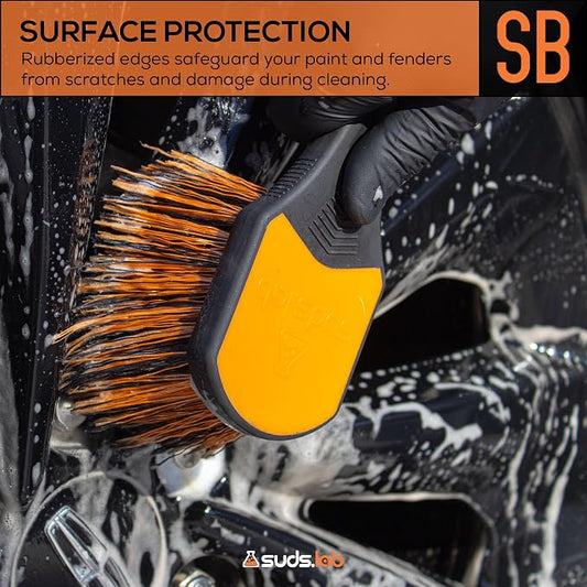 Suds Lab Wheel Spoke Brush Rubberized Handle Soft Bristle Car Detailing Wheel Brush, Rim, Wheel, Dust Cleaner Brush