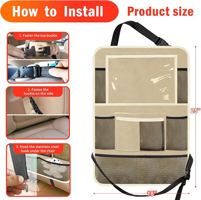 Car Backseat Organizer ，2 Pack Car Organizer Back Seat with 11" Tablet Holder, 10 Storage Pockets Seat Back Protectors Kick Mats for Kids Toddlers, Travel Accessories (Beige)