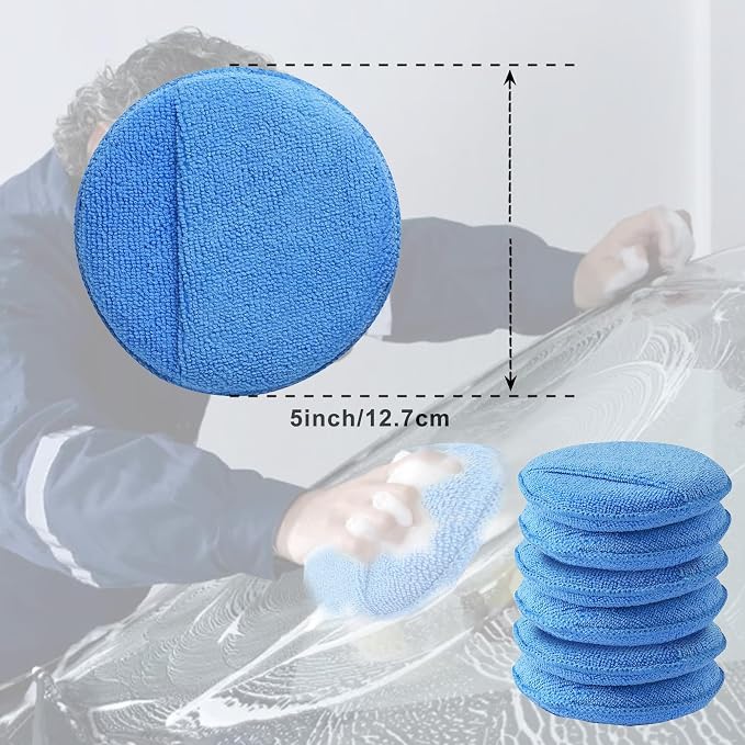 Auto Care Microfiber Wax Applicator Pads with Finger Pocket, Blue, Ultra-Soft 70/30 Blend, 5 Inch Diameter, 6 Pack, for Cars, Trucks, Motorcycles