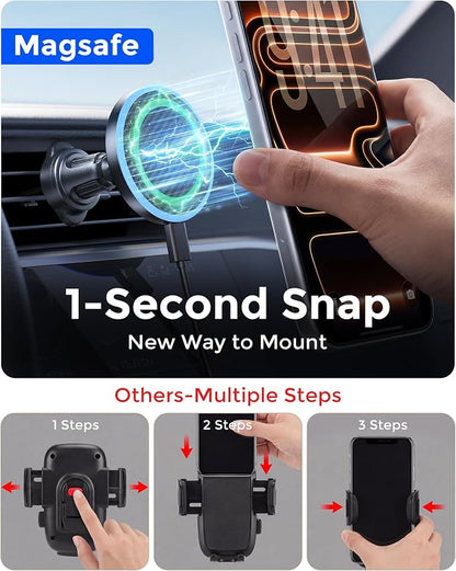 2-in-1 15W Magsafe Car Mount Charger, Magnetic Wireless Car Charger, 360° Dashboard & Air Vent Phone Mount, Phone Holders for Your Car, Car Accessories for Men Women for iPhone 17-12