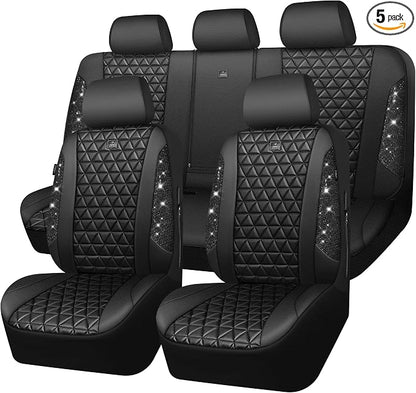 CAR PASS Bling Diamond Black Leather Car Seat Covers Full Sets Interior Sets, Waterproof Shining Glitter Sparkly Crystal Universal Armrest Fit Automotive Truck SUV Cute Women Girl, Black PU Rhinestone