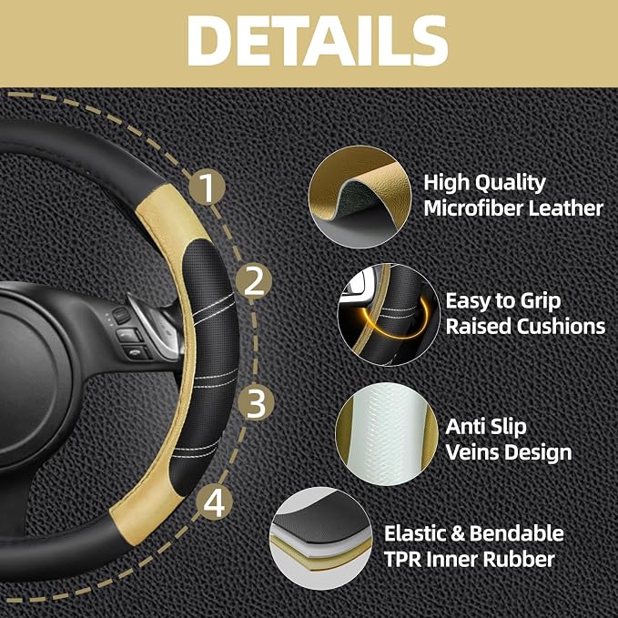 NBTEPEM 10 Pcs Car Floor Mats Full Set & Sport Leather Steering Wheel Cover 14.5-15 inch, Center Console Cover, Seat Belt Cushion, Cup Holder Coaster, Universal Automobile Interior Sets (Beige)