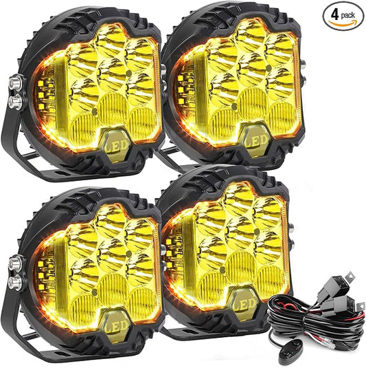 LIGBT 4PCS 7 Inch Yellow Round Side Shooter Offroad Fog Lights Amber DRL 90W 3 Modes 270° Wide Range Super Bright LED Pods Light Kit for Pickup Truck ATV UTV SUV with Wiring Harness 4 Leads