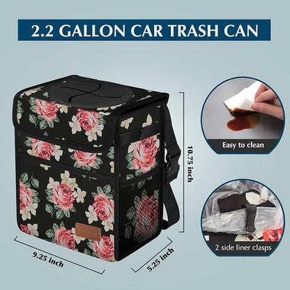 Femuar Car Trash Can Leak Proof Car Trash Bag Waterproof Car Garbage Can with Lid for SUV Front Seat Multipurpose Car Hanging for Headrest Collapsible and Portable with Storage Mesh Pocket, Flower