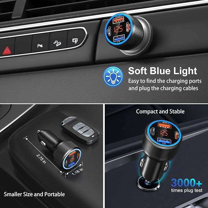 5 Pack USB C Car Charger, 4-Port 65W Car Power Adapter with Voltmeter QC+PD 3.0 Fast Charging Cigarette Lighter USB Charger for iPhone 17/16/15/14/13/12 Pro Max,Galaxy S25/S24,Android(Black)