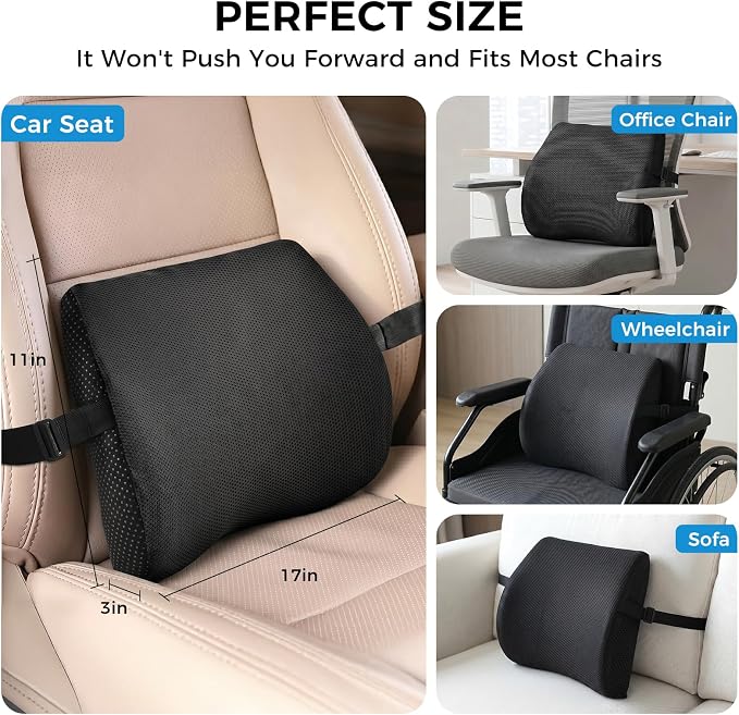 Lumbar Support Pillow for Car & Office Chair - High-Density Memory Foam Back Cushion for Sciatica & Lower Back Pain Relief - Non-Slip Support for Long Commutes & Desk Workers (Black)