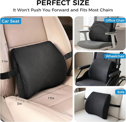Lumbar Support Pillow for Car & Office Chair - High-Density Memory Foam Back Cushion for Sciatica & Lower Back Pain Relief - Non-Slip Support for Long Commutes & Desk Workers (Black)
