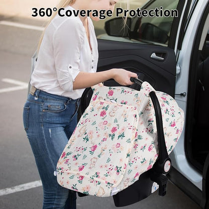 Rquite Car Seat Cover Baby, Carseat Covers Girl Boy, Breathable Muslin Cotton, Large Mesh Window, Infant Car Seat Canopy Baby Carrier Cover Stroller Sun Shade for Summer & Hot Day