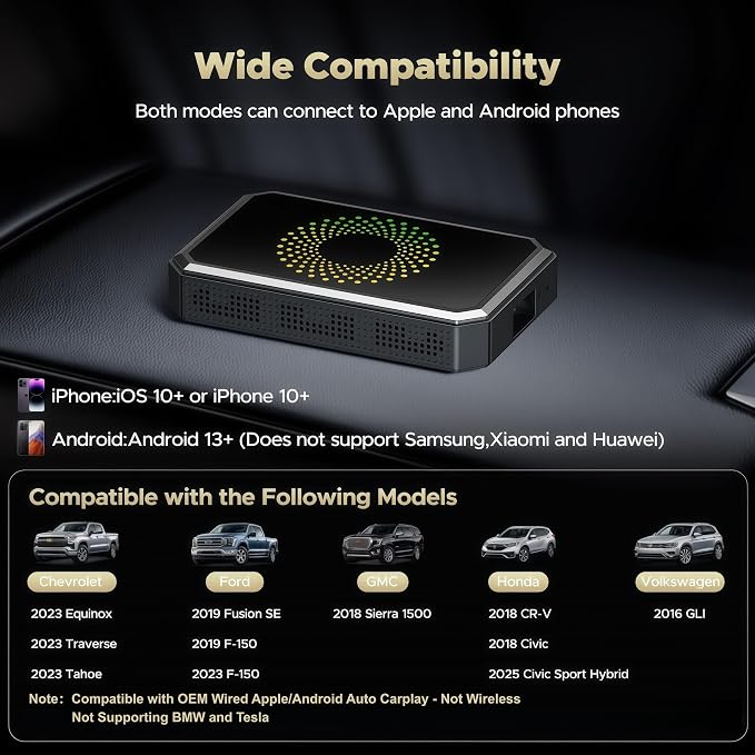 TOGUARDGO 3-in-1 Wireless Carplay Adapter Magic AI Box with YouTube TikTok APPs Upgrade Wired Car Play to Wireless Support USB Drive for iPhone 10+ and Android 13+