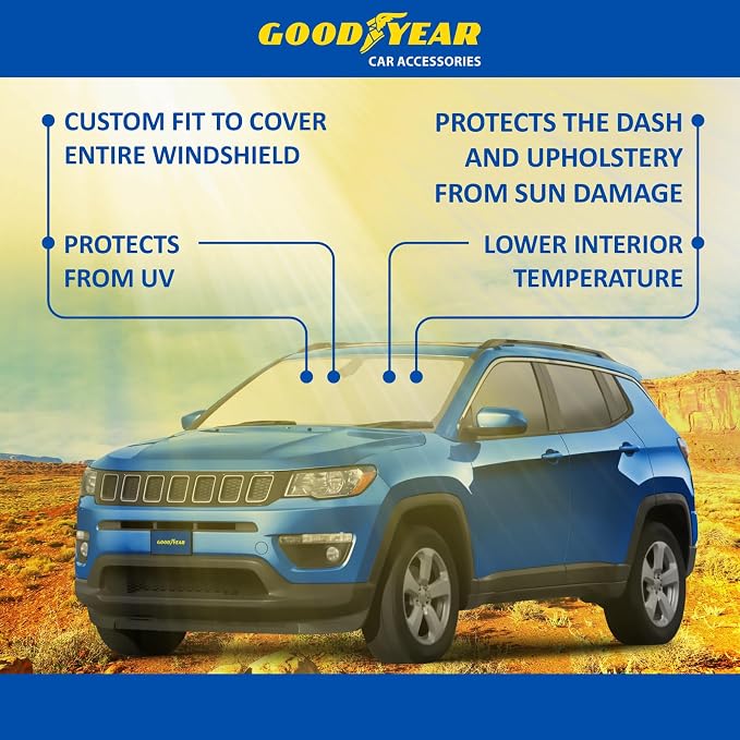 Goodyear Foldable Windshield Sunshade for Jeep Compass 2017-2026, SUV car Accessories, Sunshade Cover, Sun Shade Car Windshield, Window Sun Blocker - GY008274