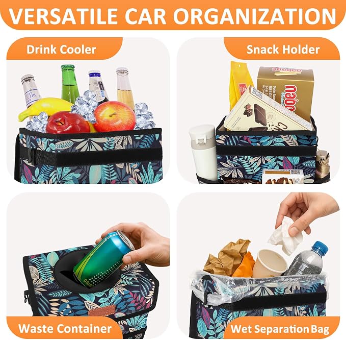 Vankor 3 Gallons Car Trash Can with Lid, Bag Bin Hanging Waterproof Automotive Car Garbage Cans Leak Proof Vehicle Trash Can for Truck SUV,Colorful Leaves