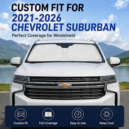 Custom Fit Windshield Sun Shade for Chevrolet Chevy Suburban 2021-2026 | Custom Fit Windshield Cover, Blocks UV Rays, Double-Layer Heat Shield, Durable Frame, Easy Fold & Storage
